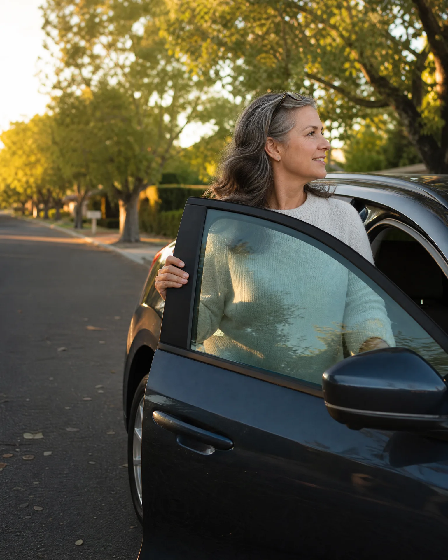 A woman with gray hair in a light sweater stands beside an open door of a dark car on a tree-lined residential street, looking off to the side.